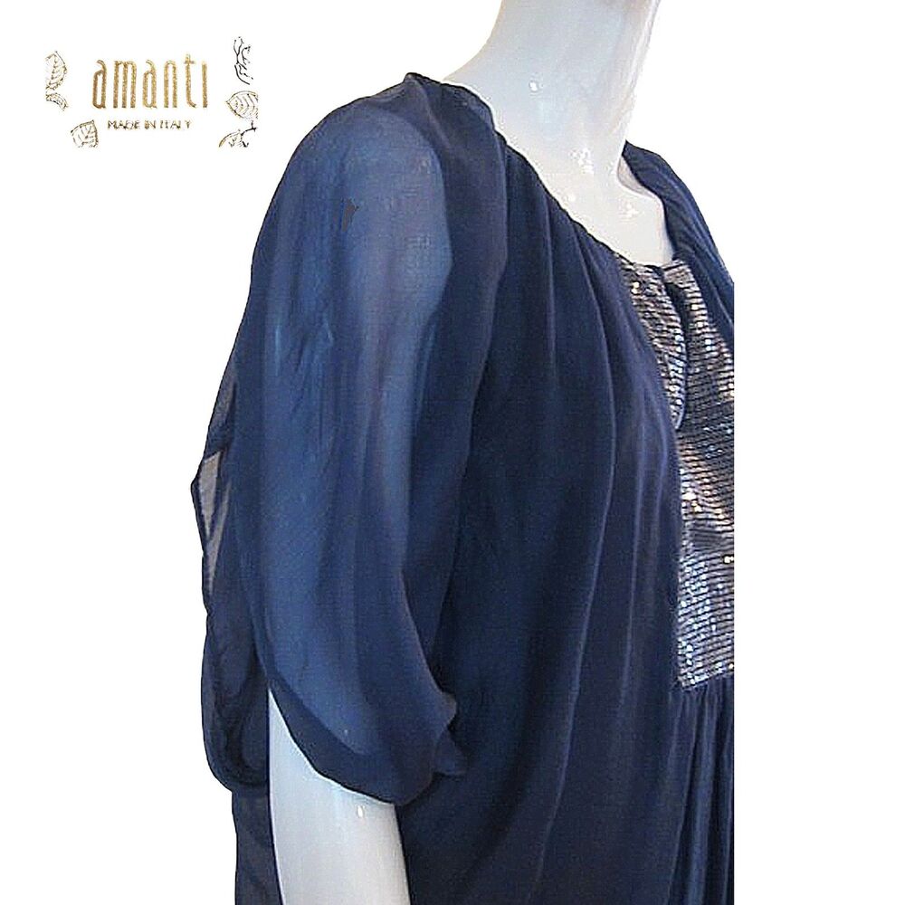 Amanti Italy NWT 100% Silk Sequin Dolman-Sleeve Navy Blouse S – Elegant Evening - Picture 3 of 12